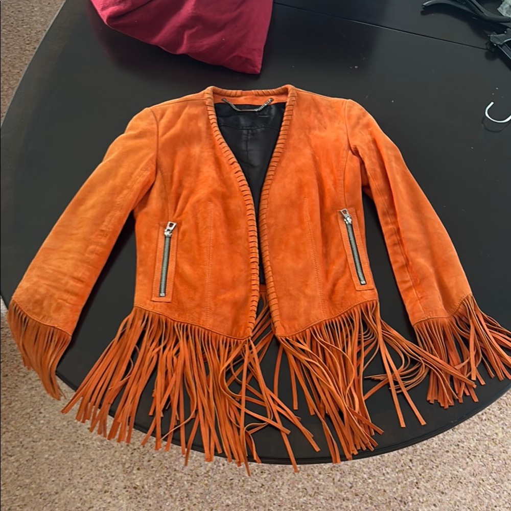 Barbara Bui Orange Leather Fringe Jacket